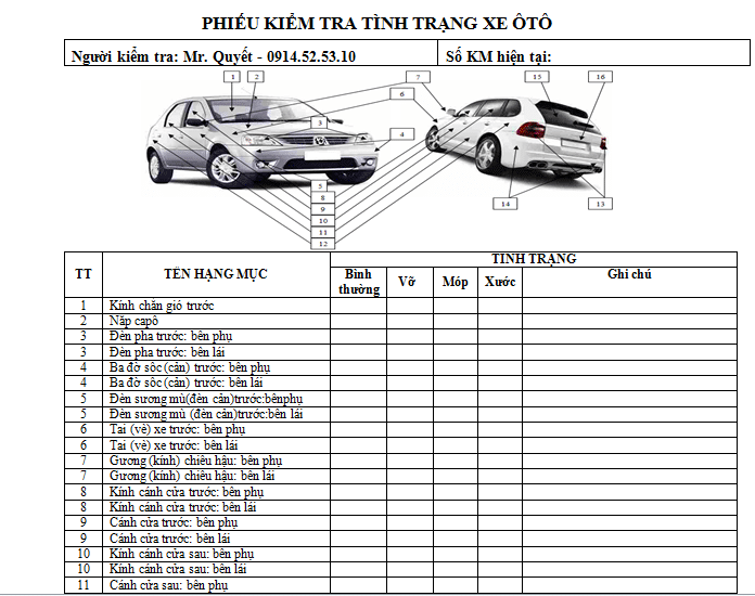 Mẫu giấy kiểm tra tình trạng xe